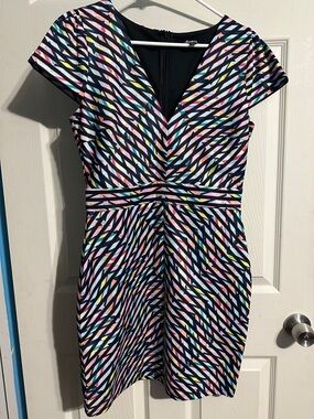 Lulu's Black V-Neck Cap Sleeve Multicolor Geometric Mini Dress